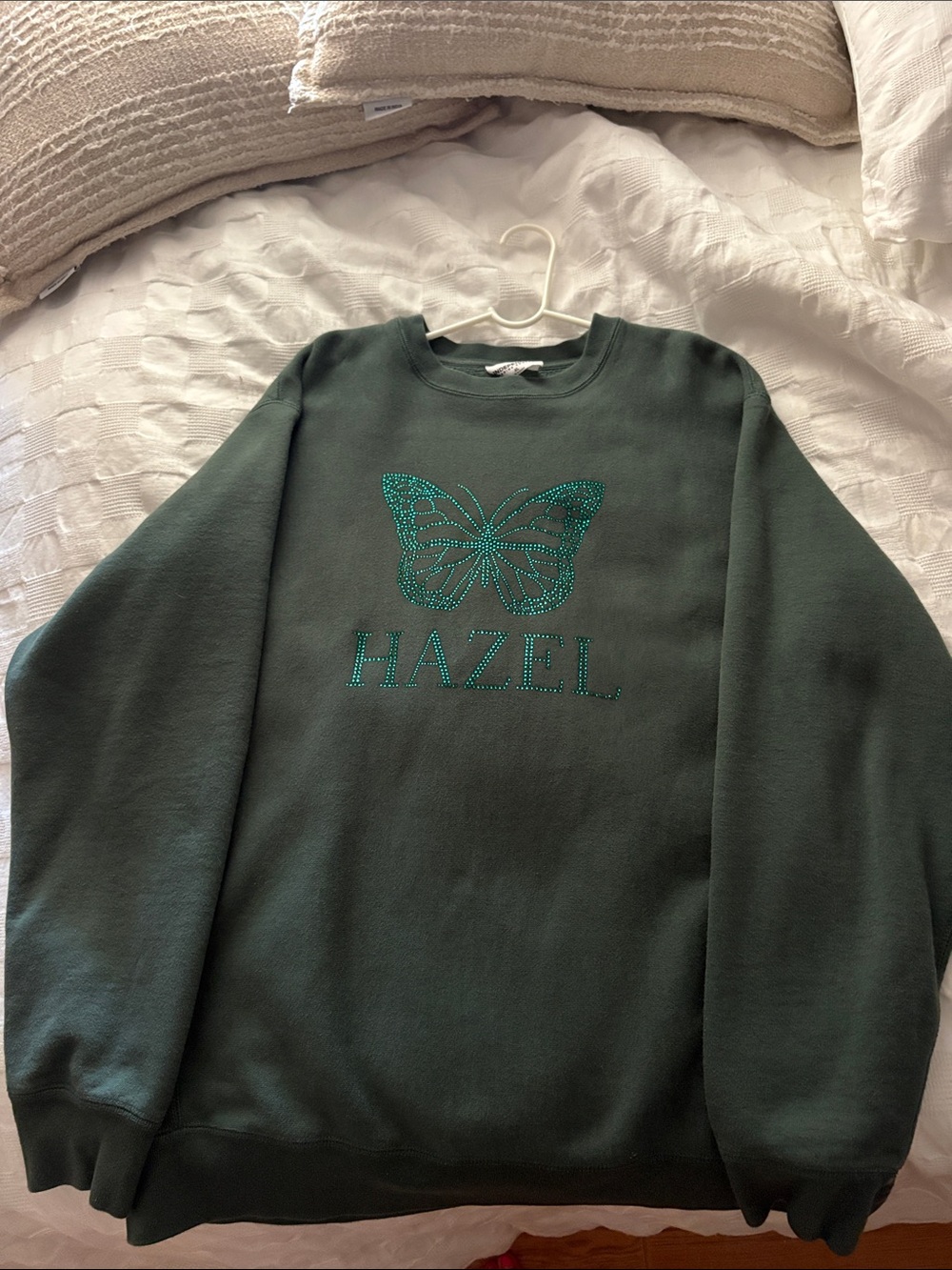 hazel Forest Green Crewneck Sweater with Teal Rhinestone Butterfly